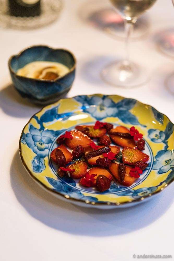 Fresh and preserved strawberries, fennel pollen, & cream ice cream.