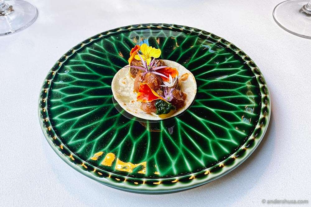 “Hedonist Taco” with A5 wagyu, XO sauce, creamy smetana, egg yolk, & herbs.