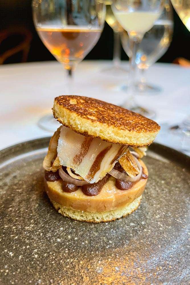 Brioche, foie gras, dates, Sauternes, ham, & onions.