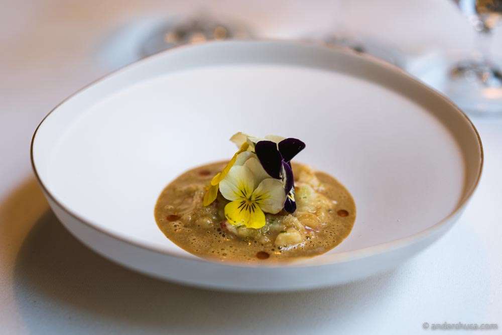 Langoustine risotto with coconut, ginger, chili oil, shallots, & finger lime.