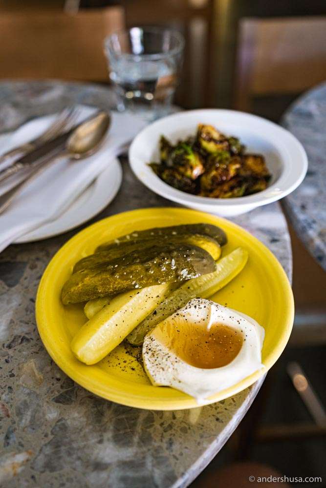 Don't miss the dill pickles with crème fraîche and honey!