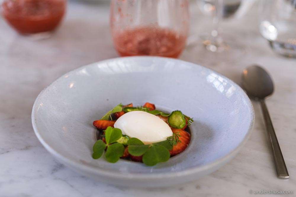 Fresh cheese ice cream, strawberries and cucumbers marinated in angelica, & white chocolate.
