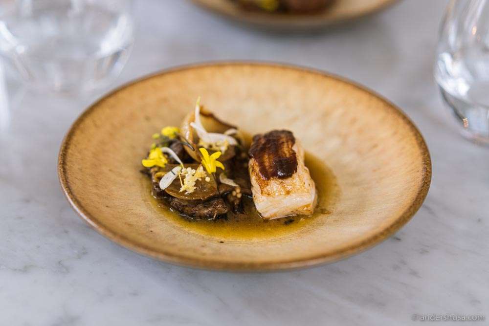 Grilled ling fish, black garlic, mushrooms, onion, & dashi.