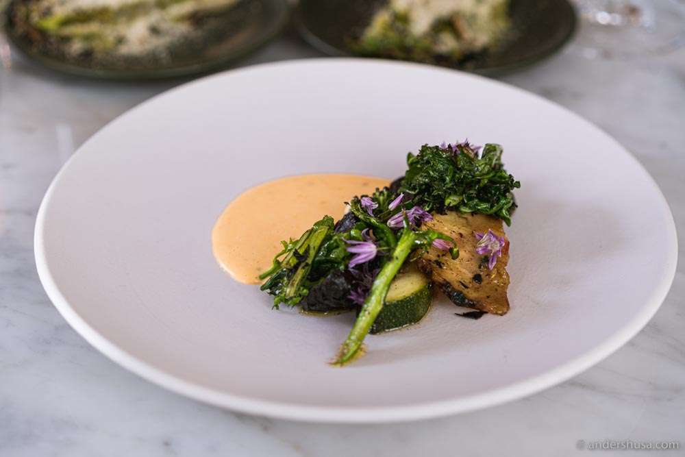 Squash, brassicas, & choron sauce with lemon curd.