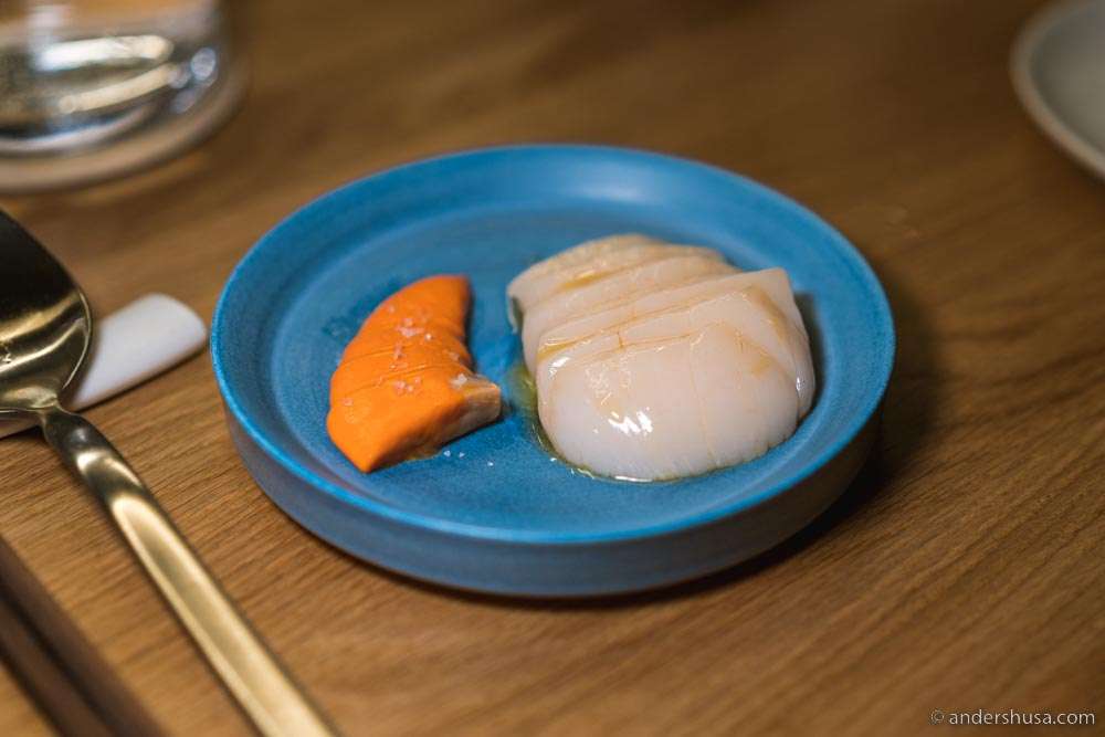 A serving of raw Norwegian scallops at JATAK.