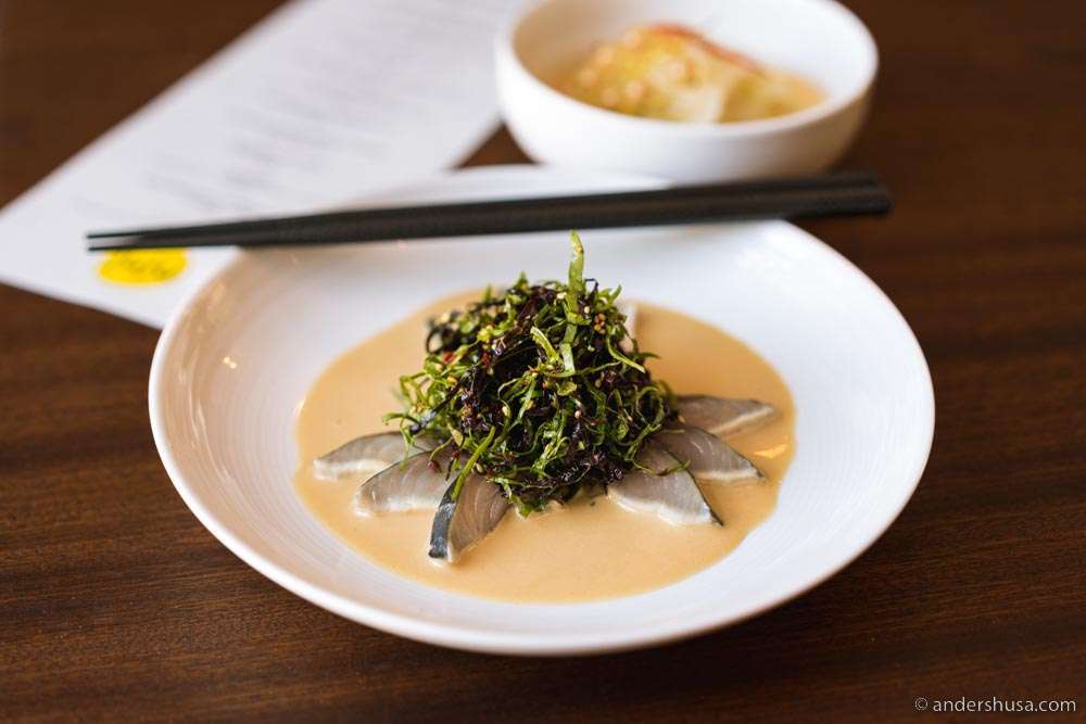 Cured mackerel with citrus, sorrel, and sesame sauce at JUJU.