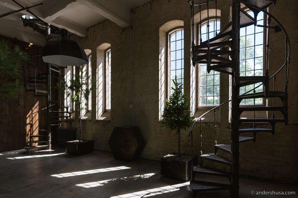 The spiral staircases that leads up to the main dining room.
