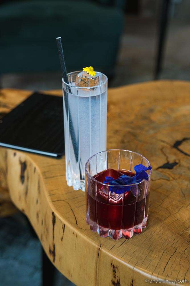 Cocktails decorated with flowers from the greenhouse.