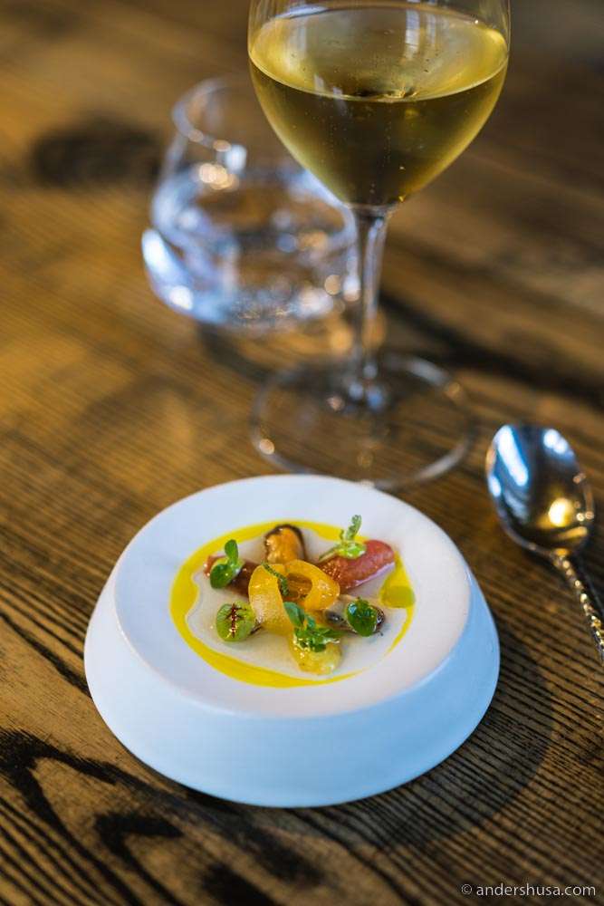 Tomatoes, mussels, and sunflower petal oil.