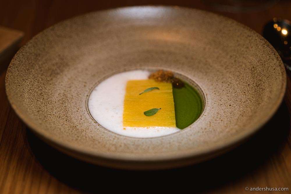 Smoked rutabaga, goat cheese sauce, leek oil, & fried yeast.