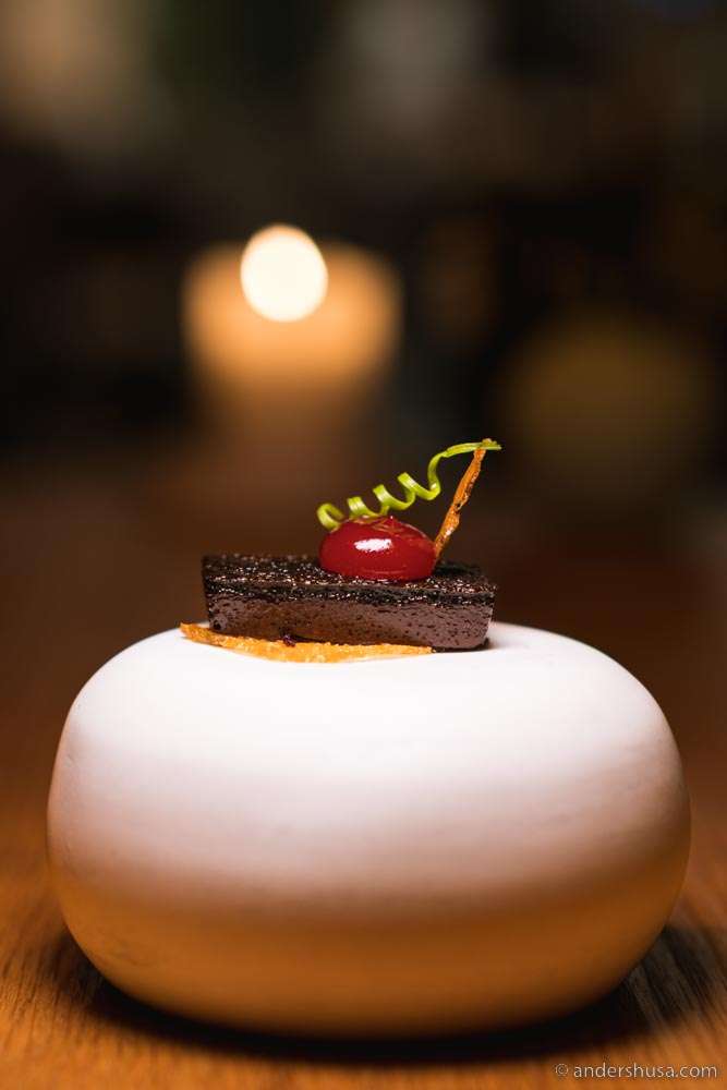 Blood pudding, port wine, sourdough toast, gel of lingonberries, bacon, and chives.