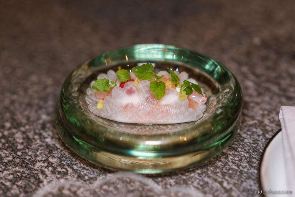 Kohlrabi, raw shrimp, cheese, rose gel, & wasabi.
